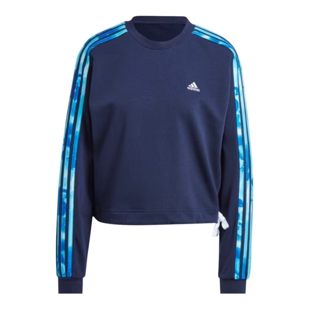 Adidas Women's 3-Striped Floral Print French Terry Sweatshirt Blue